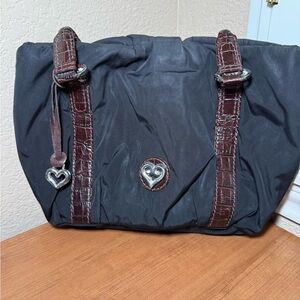 Brighton Black Nylon Shoulder Bag Faux Croc Leather Brown Handles and Trim